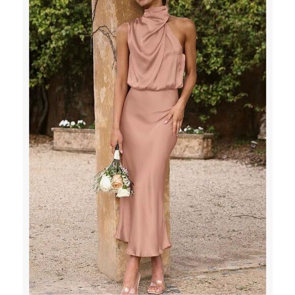 NEW Satin Dress Sleeveless Mock Neck Wedding Guest S - Picture 2 of 7